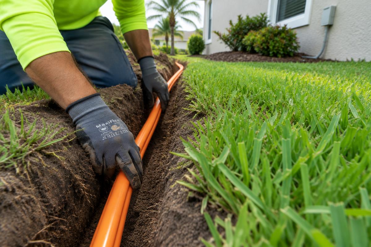 Orange fiber conduit being laid in a narrow lawn trench