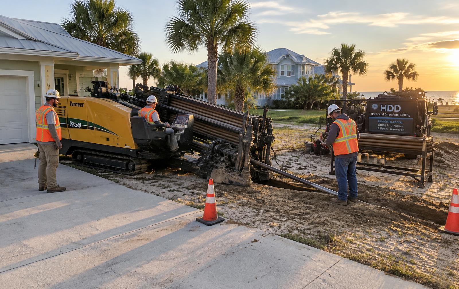 Underground boring crew running a line beneath a Florida Panhandle driveway